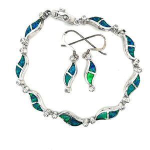 925 Silver Lab Opal/Cz Bracelet & Earrings Set
